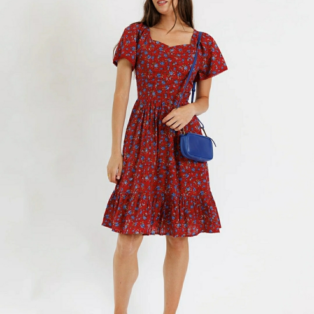 DownEast Serena Dress XS Red and Blue Floral Midi Dress